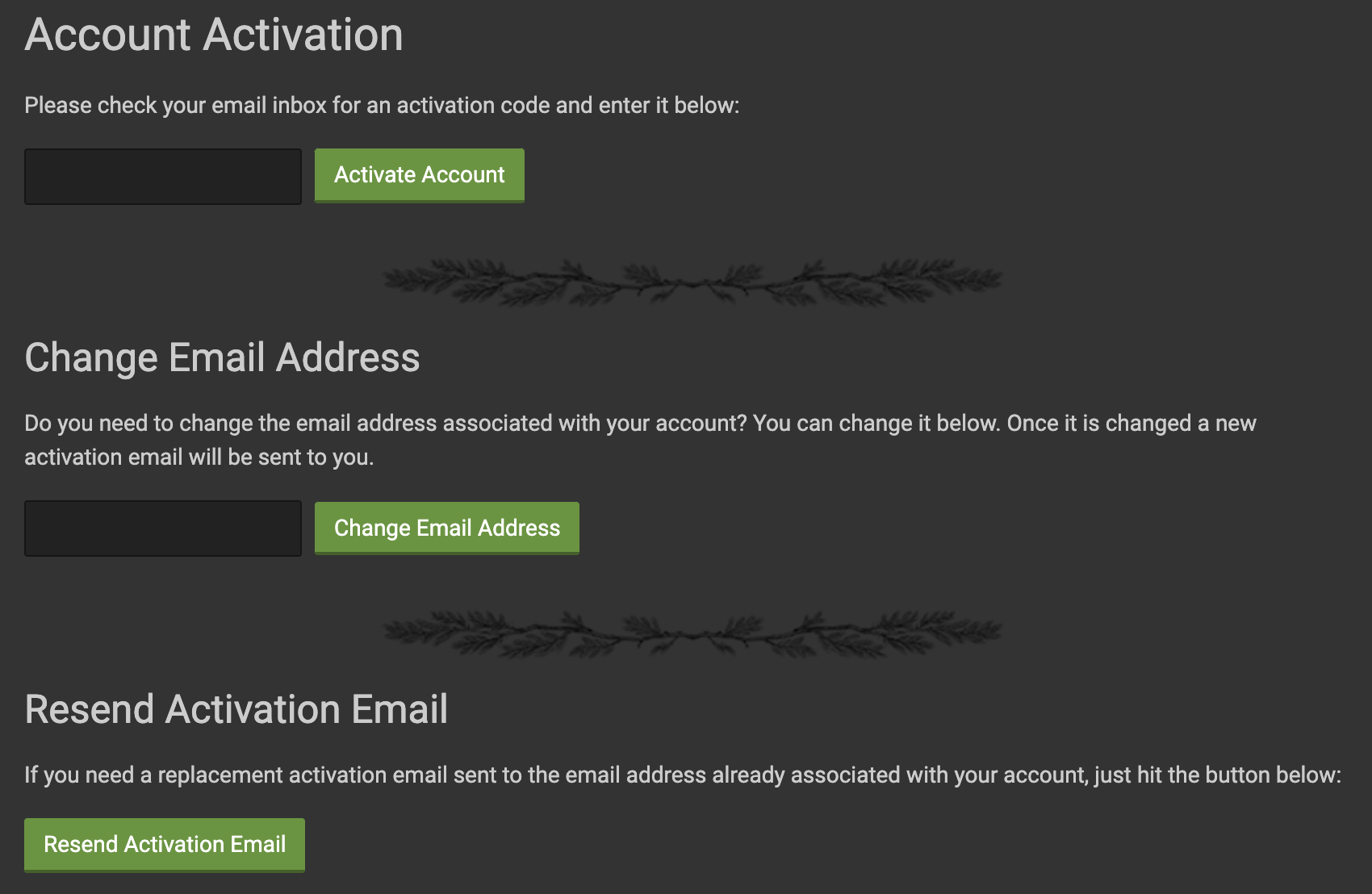 Account Activation, Change Email Address, Resend Activation Email